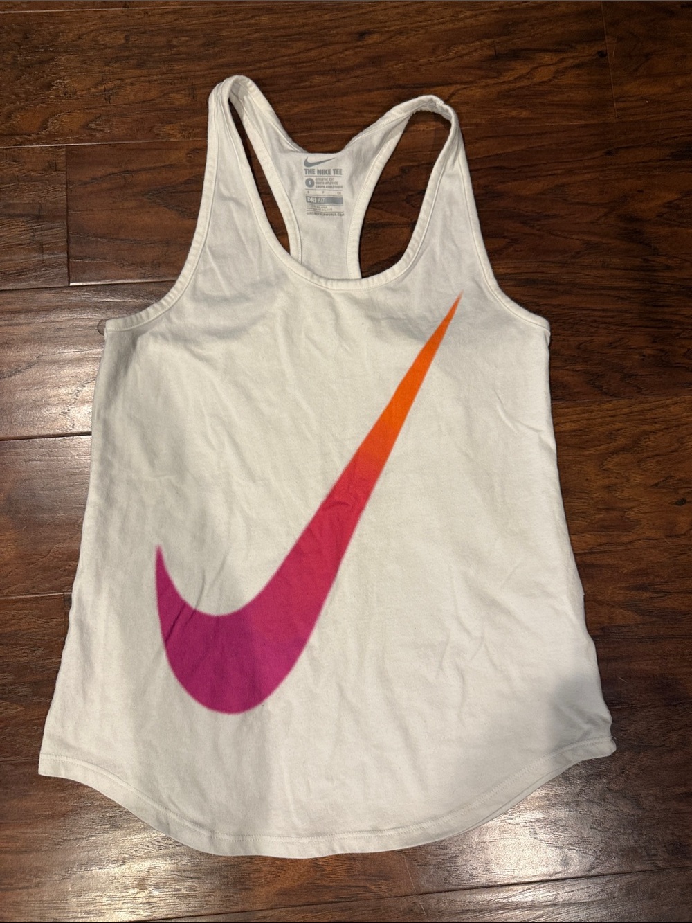 Nike White Racerback Tank with Pink-Orange Swoosh
